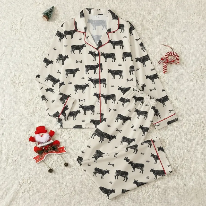 Farmers & Animal Lovers Pajamas: Rustic Distressed Cow Calf Print - Creamy Beige Sleepwear Satin Pajamas Set - 1