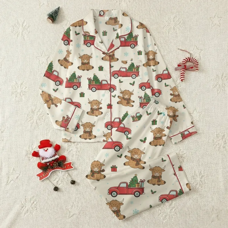 Highland Cow Christmas Loungewear: Whimsical Farm Truck & Presents Pattern Cozy Pullover Satin Pajamas Set - 1