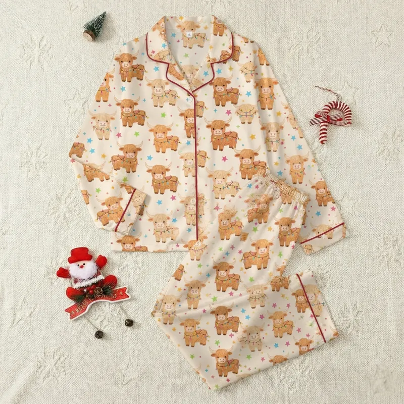 Highland Cow Lover: Merry & Bright Neon Lights Cow Pattern Unisex Pullover Satin Pajamas Set - 1
