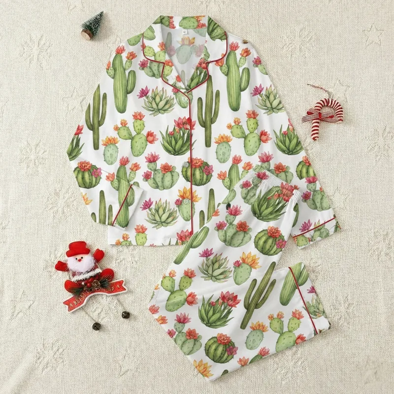 Women's Watercolor Botanical Cactus Floral Desert Succulent Long Sleeve Loungewear Set Satin Pajamas Set - 1