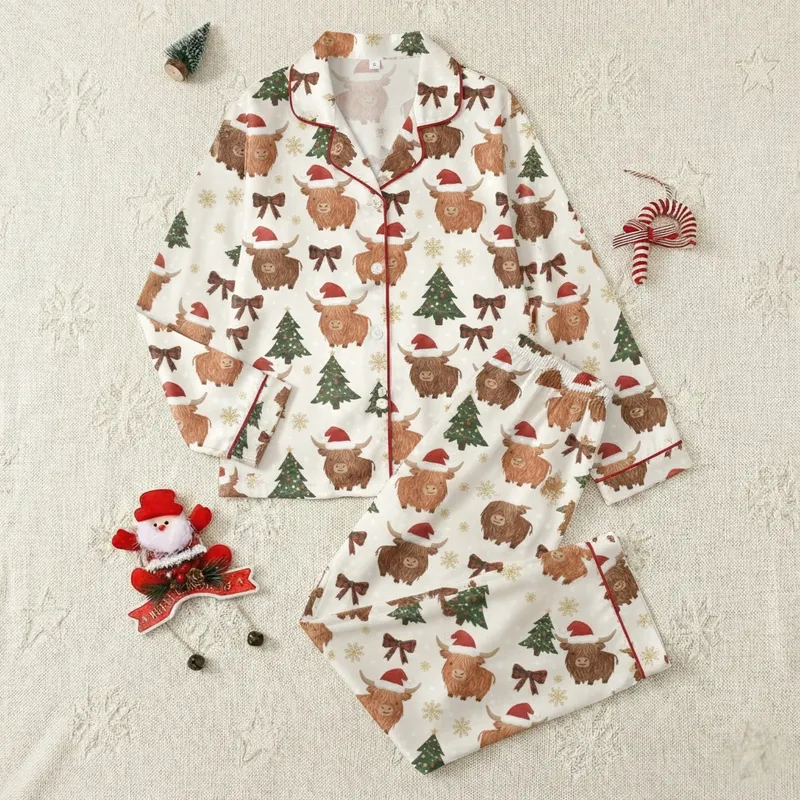 Cozy Holiday Wear: Highland Cow Christmas Tree Plaid Bow Seamless Pattern - Garment-Dyed Cotton Pajama Satin Pajamas Set - 1