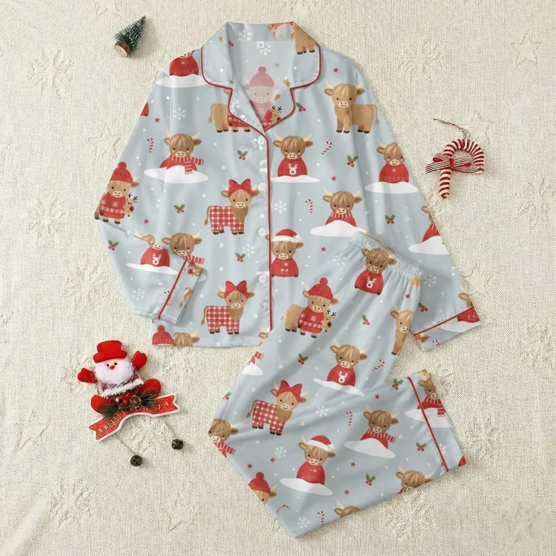 Women's Funny Christmas Pajama Set: Whimsical Highland Cow, Santa Hats & Reindeer Pattern Satin Pajamas Set - 1
