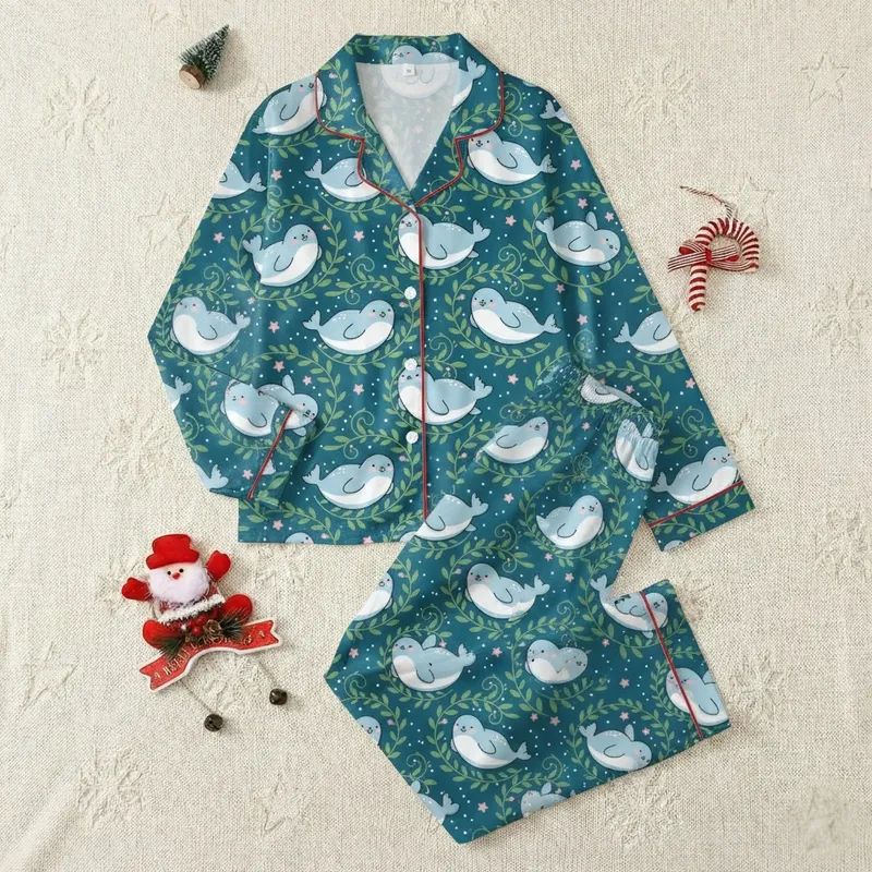 Family Matching Pajamas: Whimsical Teal Cartoon Seals & Penguins Pattern Satin Pajamas Set - 1