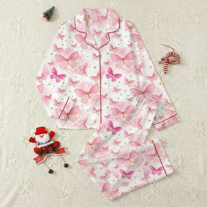 Women's Whimsical Pink Butterfly & Gold Star All-Over Print Satin Short Sleeve Pajamas Set Satin Pajamas Set - 1