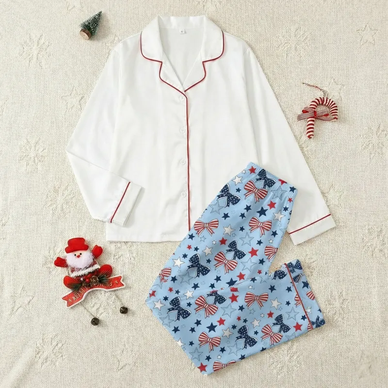 Women's Patriotic Hand-Drawn Bows & Stars Satin Short-Sleeve Sleep Set Satin Pajamas Set - 1