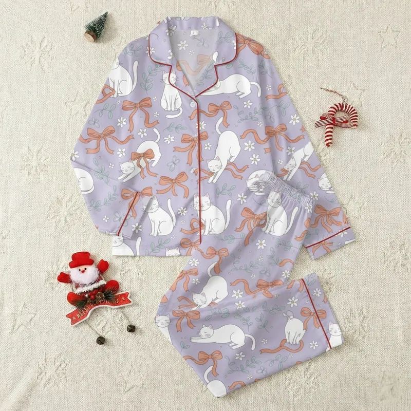 Women's Short-Sleeve Satin Pajamas: Whimsical White Cats & Rust Bows Lavender Print Satin Pajamas Set - 1