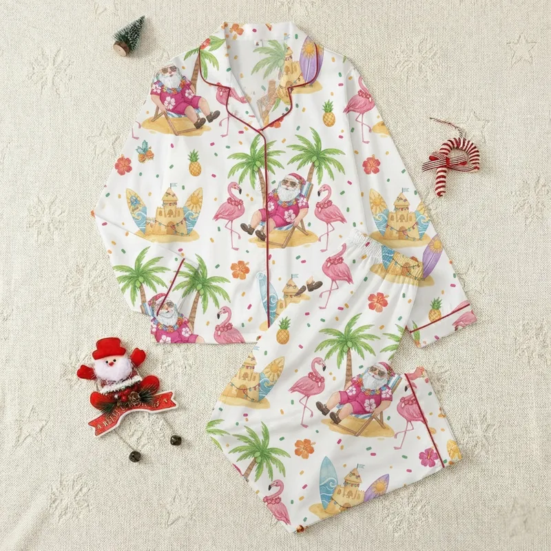 Women's Tropical Christmas Beach Party Satin Pajamas Set: Whimsical Santa & Flamingo Print Holiday Sleepwear Satin Pajamas Set - 1