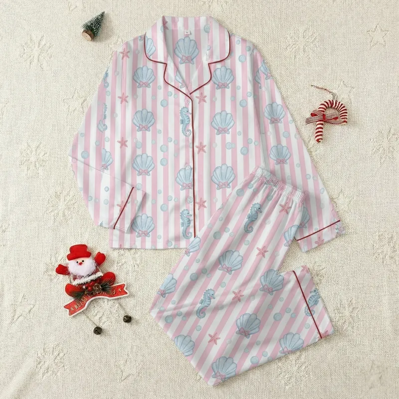 Women's Coquette Summer Satin Pajamas Set: Watercolor Light Blue Scallop Shells & Pink Bows Satin Pajamas Set - 1