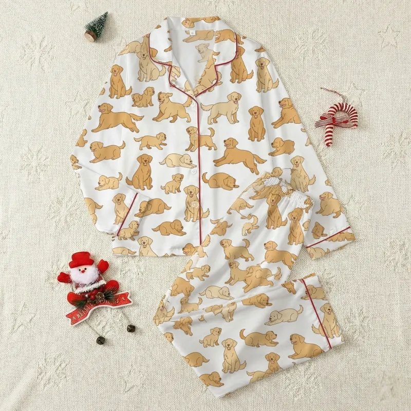 Golden Retriever Lover Satin Short-Sleeve Sleep Set: Cheerful Flat Dog & Puppy Print Satin Pajamas Set - 1