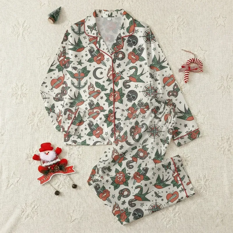 Women's Ink Lover Satin Sleepwear: Traditional Tattoo Flash Roses, Skulls & Daggers Pattern Satin Pajamas Set - 1