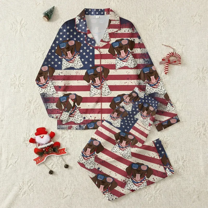 German Shorthaired Pointer Fan Patriotic Pajamas: Distressed US Flag, GSP Dogs in Sunglasses & Bandanas Satin Pajamas Set - 1