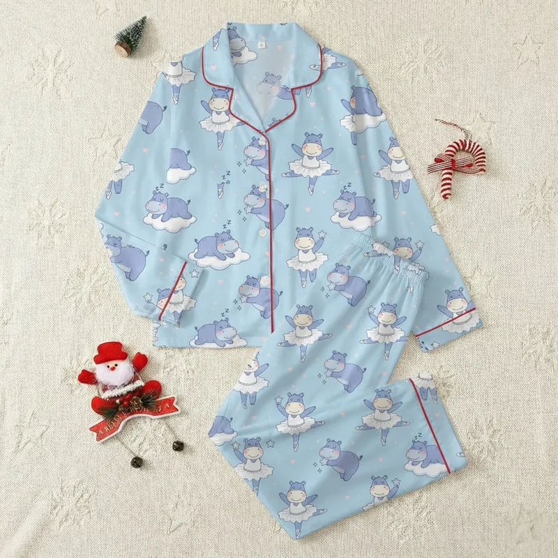 Women's Whimsical Periwinkle Hippo Ballet Starry Cloud Pastel Print Satin Short-Sleeve Pajamas Set Satin Pajamas Set - 1