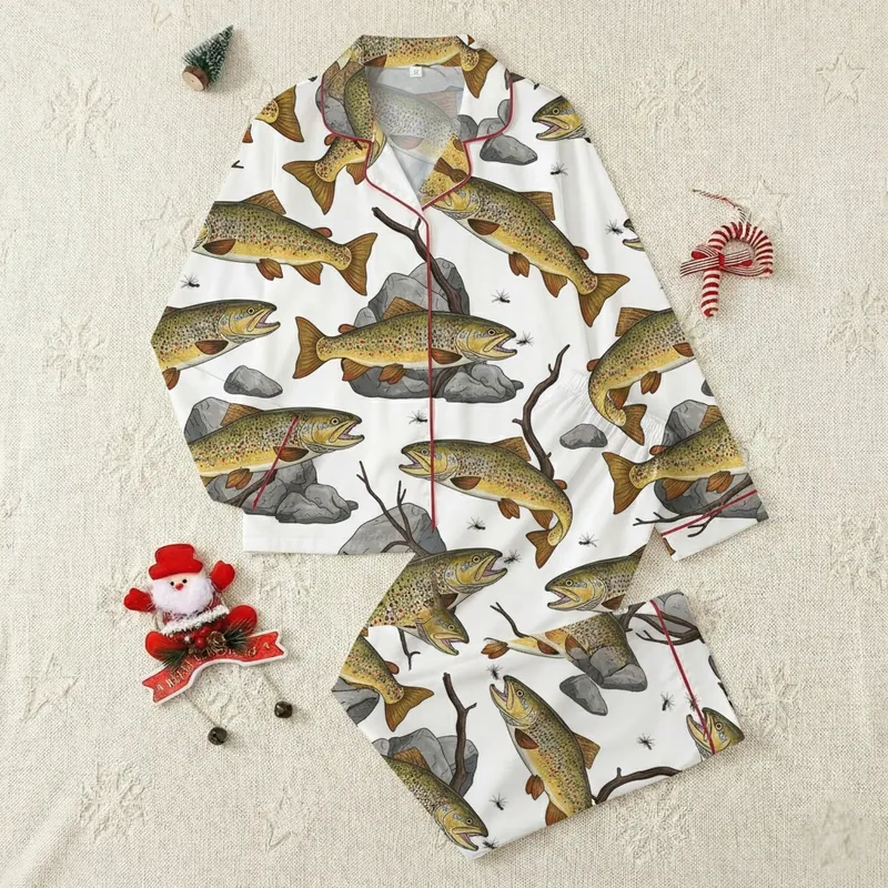 Angler's Realistic Leaping Brown Trout: Golden Sides, Blue-Green Back, River Rocks & Flies Custom Garment Satin Pajamas Set - 1