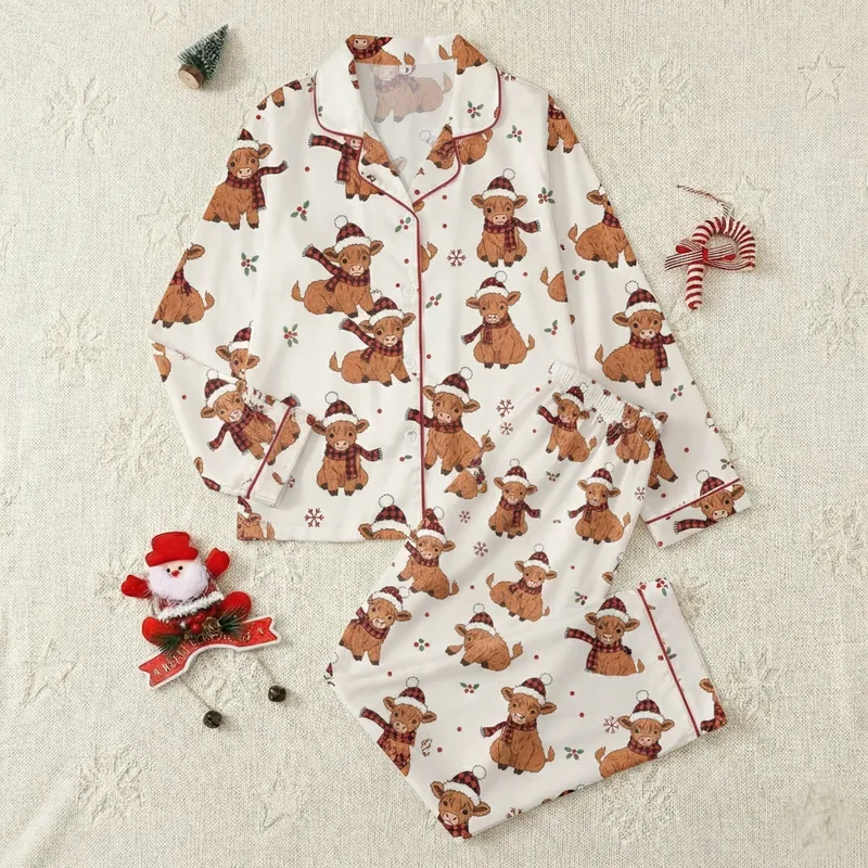 Highland Calf Christmas: Whimsical Plaid Santa Hat & Scarf Pattern Cotton Pajama Top Satin Pajamas Set - WQCI586ZHN