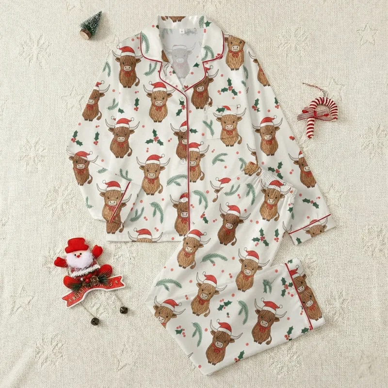 Women's Whimsical Highland Cow Pajamas: Festive Santa Hat, Holly & Berry Pattern Sleep Set Satin Pajamas Set - 1