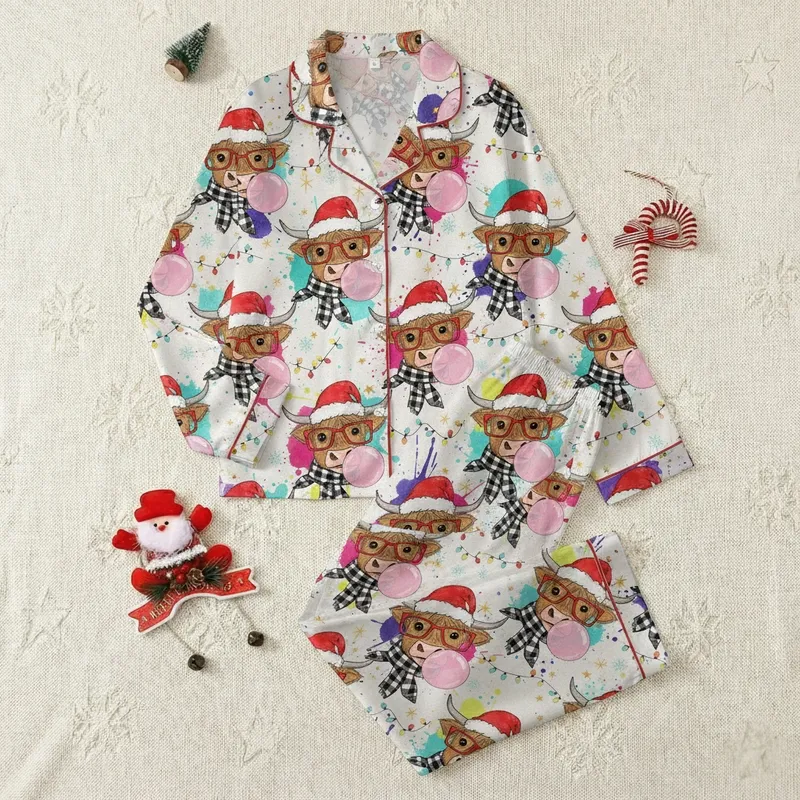 Highland Cow Christmas Pajamas: Fluffy Winter Design with Festive Lights & Bubblegum Satin Pajamas Set - 1