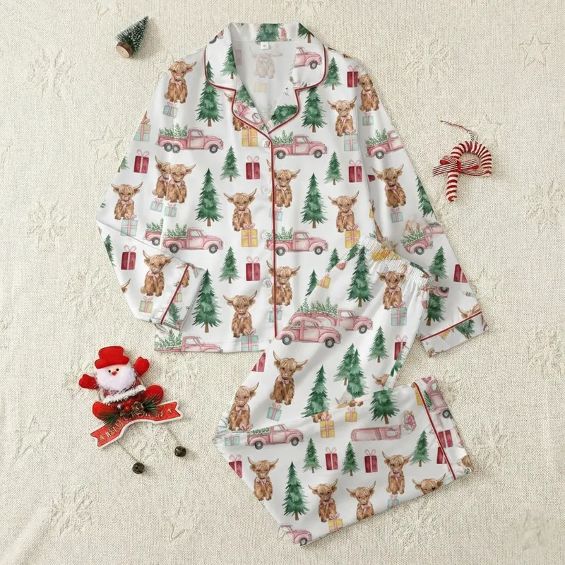 Unisex Holiday Fluffy Highland Cow Pink Truck Watercolor Christmas Comfort Top Satin Pajamas Set - 1