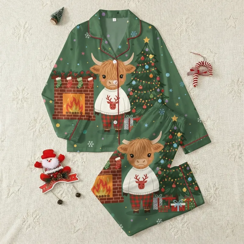 Cozy Highland Cow Pajamas: Fluffy Baby Cow in Plaid Sleep Set, Christmas Fireplace Design Satin Pajamas Set - 1