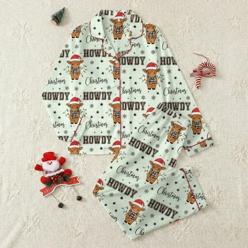 Women's Retro Christmas Pajamas: Howdy Highland Cow Fluffy Calf & Cowhide Pattern Satin Pajamas Set - 1