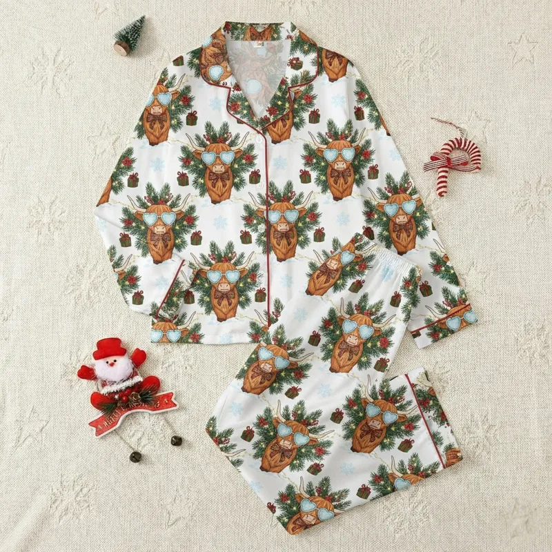 Women's Fluffy Highland Cow Christmas Pajamas: Festive Snowflake Sunglasses & Plaid Bows Pattern Sleep Set Satin Pajamas Set - 1