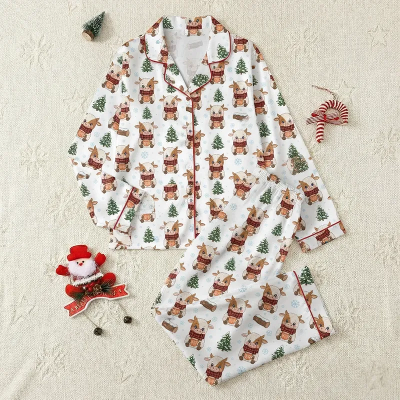 Whimsical Winter Pajamas: Highland Calf in Plaid Scarf, Hot Cocoa & Snowy Scene Satin Pajamas Set - 1