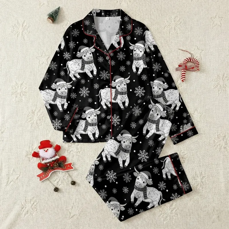 Funny Christmas Highland Cow: Whimsical Snowflake Seamless Pattern Digital Design File Satin Pajamas Set - 1