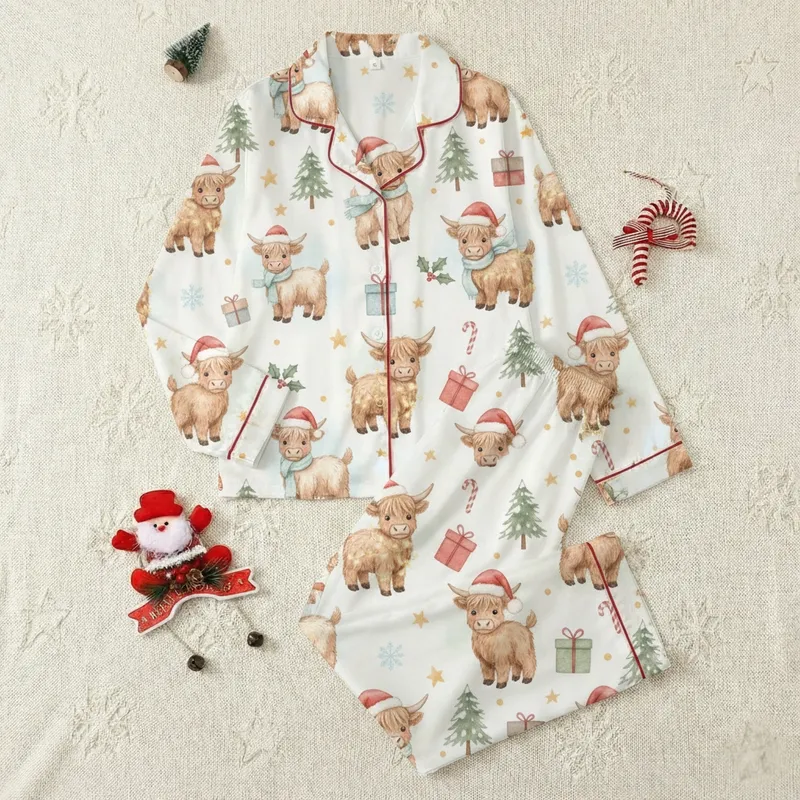 Whimsical Highland Cow Christmas Pajamas: Watercolor Calf, Santa Hat, & Holly Pattern Satin Pajamas Set - 1