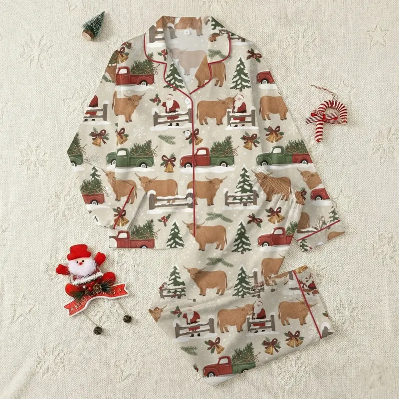 Festive Winter Pajamas: Rustic Santa & Shaggy Highland Cow Farmhouse Design Satin Pajamas Set - 1