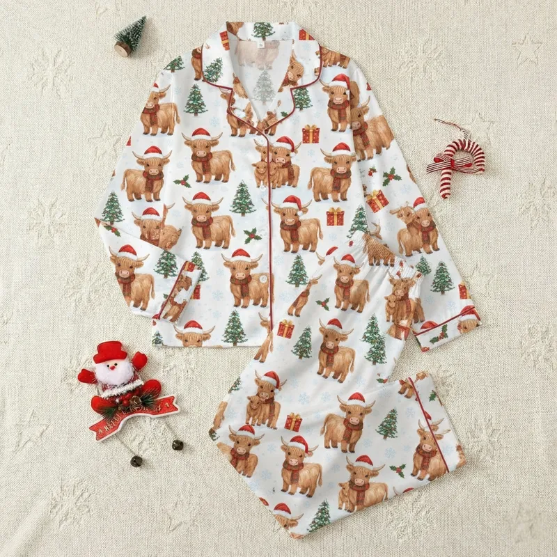 Merry Christmas Highland Cow Sleep Set: Fluffy Santa Hat Cows & Snowy Pine Pattern Satin Pajamas Set - 1