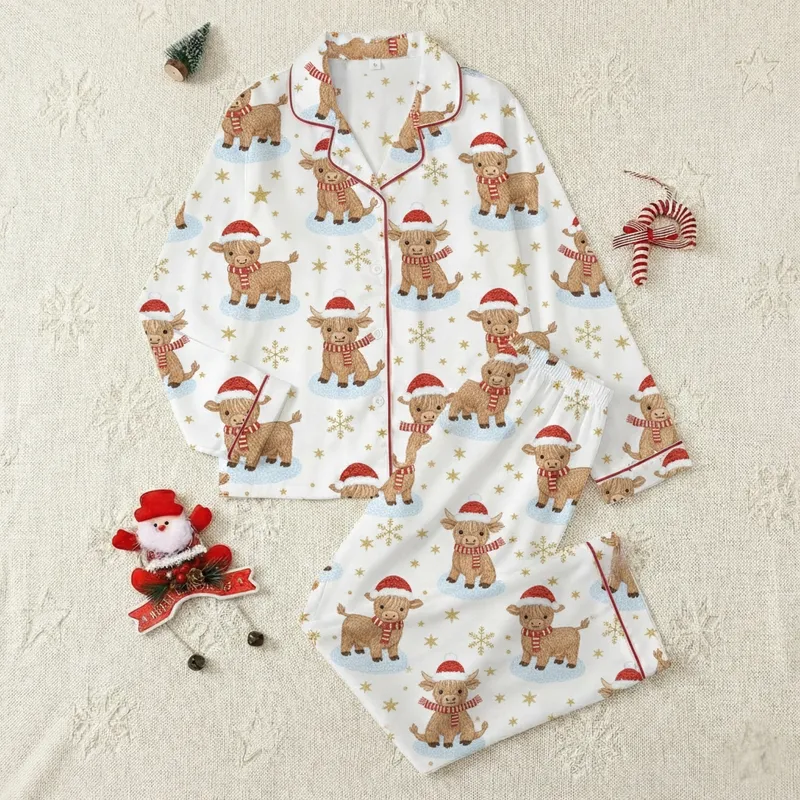 Whimsical Christmas Pajama Pattern: Faux Yarn Chunky Knit Santa Highland Cow & Glitter Satin Pajamas Set - 1