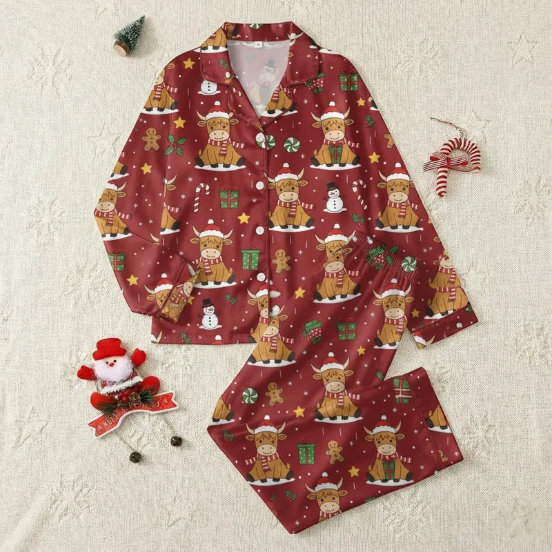 Cozy Holiday Pajamas: Cute Highland Cow, Santa Hat & Snowflakes Seamless Ruby Red Pattern Satin Pajamas Set - 1