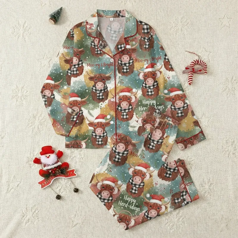 Personalized Family Christmas Pajamas: Whimsical Highland Cow Watercolor Holiday Sleepwear Satin Pajamas Set - 1
