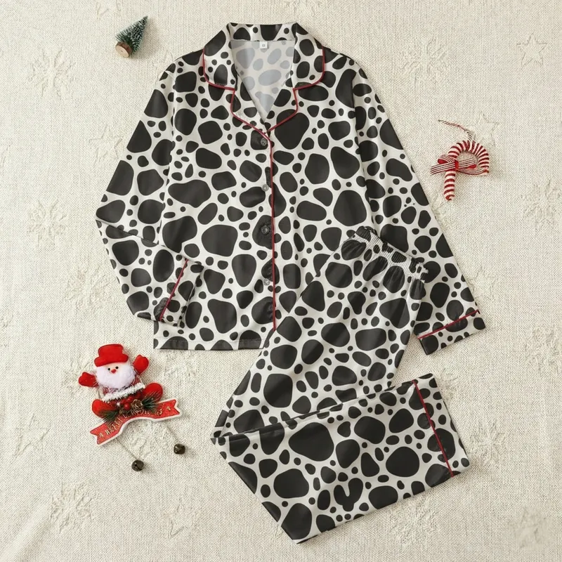 Women's Wide Leg Pajama Pants: Abstract Cow Spot Print, Faux Cotton Loungewear Comfort Satin Pajamas Set - 1