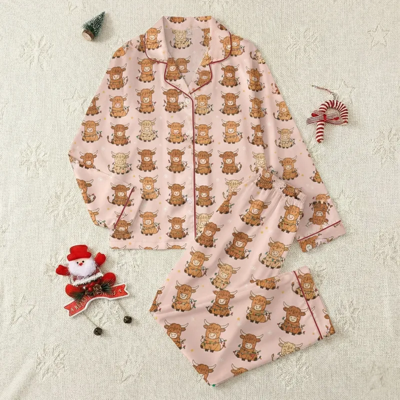 Ladies Pink Fluffy Highland Cow Christmas Lights Hooded Loungewear: Festive Winter Comfort Gift Satin Pajamas Set - b424bcbzo3