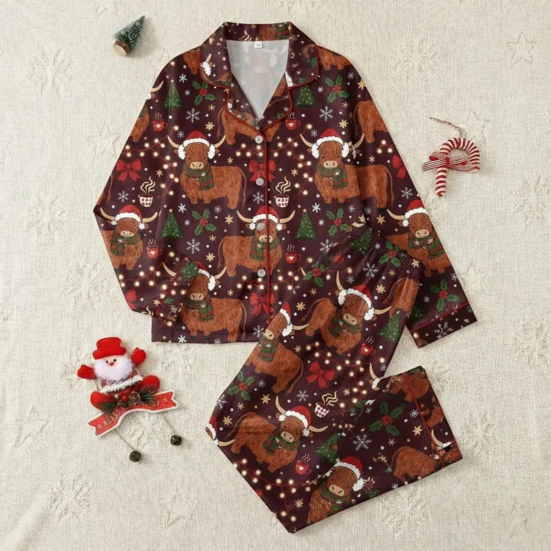 Cozy Highland Cow Christmas Pajamas: Festive Textured Santa Hat & Coffee Mug Design Satin Pajamas Set - 1