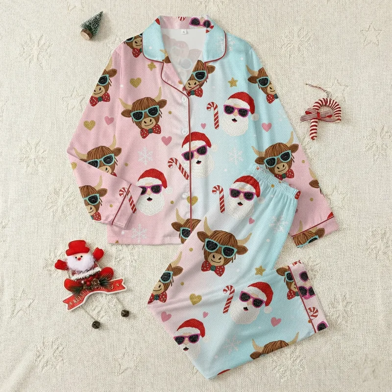 Festive Western Christmas: Whimsical Highland Cow & Santa Faux Yarn Knit Graphic Satin Pajamas Set - 1