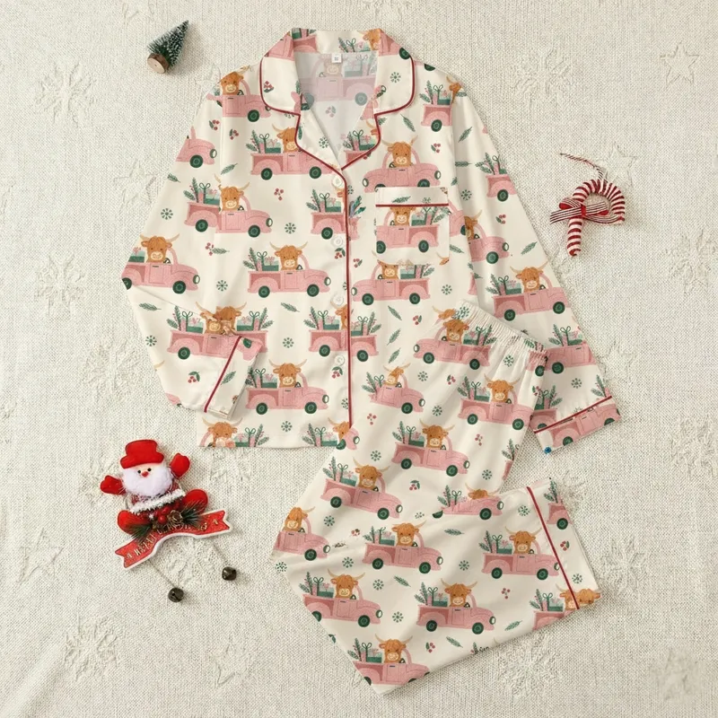 Women's Mooey Christmas Pajamas: Faux Yarn Highland Cow & Pink Truck Sleep Set Satin Pajamas Set - 1