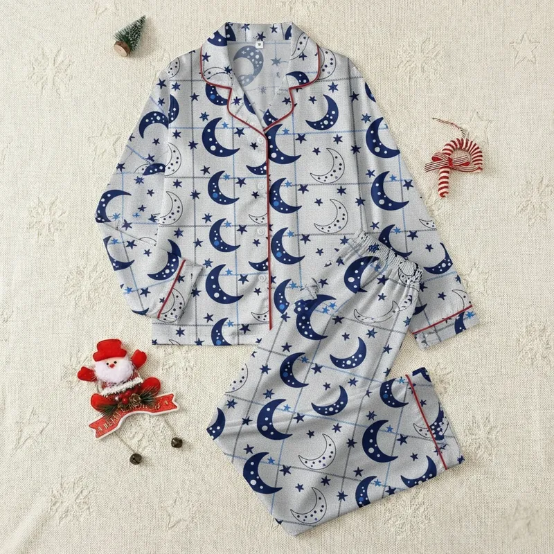 Gray Moon & Stars Pajama Sleep Set: Stylized Navy Crescent & Subtle Geometric Plaid Design Satin Pajamas Set - 1