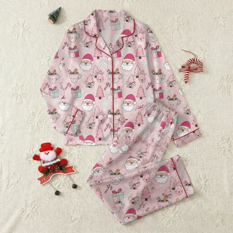 Women's Pastel Pink Whimsical Santa Reindeer Holiday Long Sleeve 2pc Pajama Set Satin Pajamas Set - 1