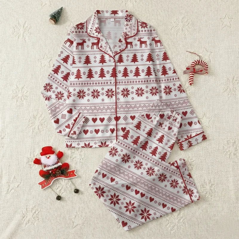 Women's Folkloric Fair Isle Christmas Pajamas: Reindeer Snowflake Long Sleeve Button-Front (White/Red) Satin Pajamas Set - 1