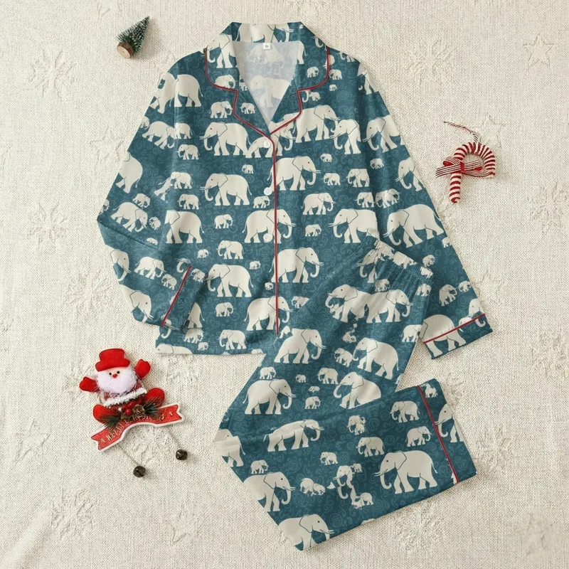 Women's Stylized Cream Elephant Pajamas: Desaturated Teal Paisley Sleep Set Satin Pajamas Set - 1