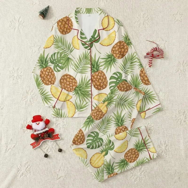 Women's Tropical Watercolor Pineapple & Palm Leaf Low-Top Canvas Sneakers Satin Pajamas Set - 1