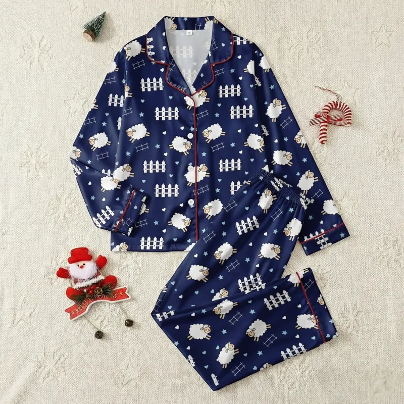 Sheep Lover Canvas Shoes: Cute Fluffy Jumping Sheep & Star Pattern - Navy Blue Low Tops Satin Pajamas Set - 1