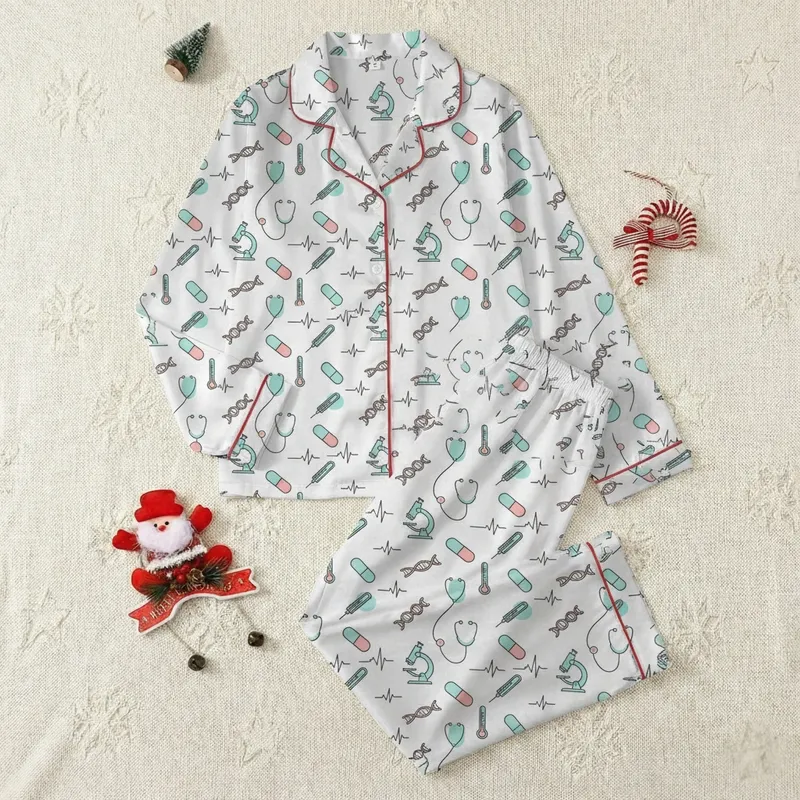 Nurse Canvas Low Tops: Medical Icon Pattern, Stethoscope & ECG Line Art - Cyan Pink Satin Pajamas Set - 1