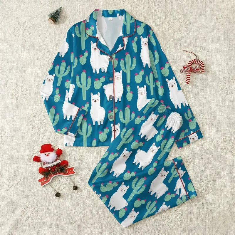 Llama Lover Pajamas: Whimsical White Llama & Cactus Deep Teal Loungewear Set Satin Pajamas Set - 1