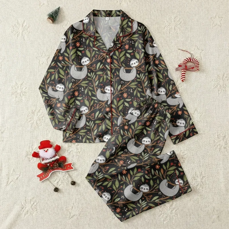 Sloth Lover Pajamas: Whimsical Forest Sloths & Foliage Pattern -  Sleep Set Satin Short-Sleeve Pajamas Set - 1