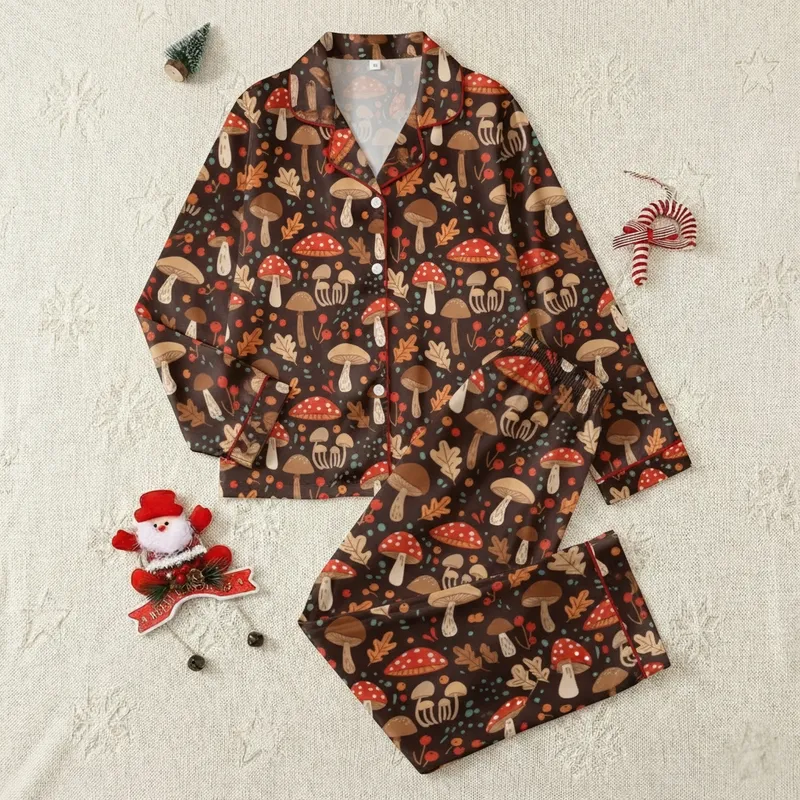 Mushroom Lover's Whimsical Forest Fungi Pattern Low Top Canvas Shoes Satin Pajamas Set - 1