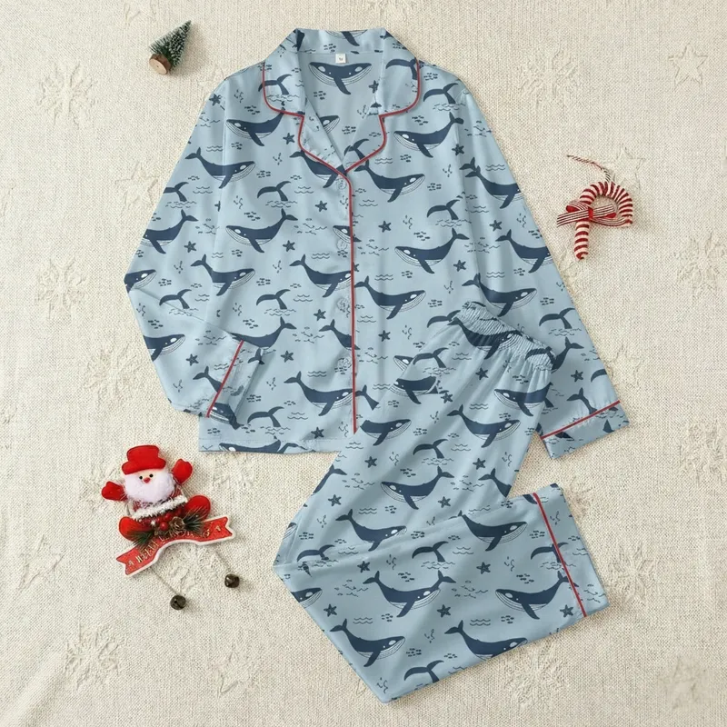 Whale Lover's Playful Flat Art Ocean Low Top Canvas Sneakers Satin Pajamas Set - 1