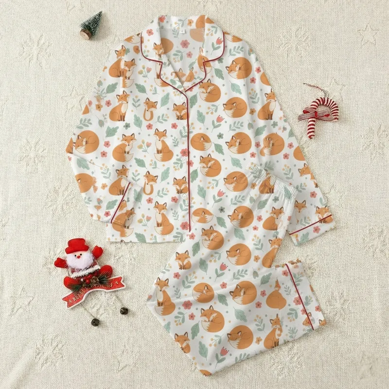 Girls' & Women's Whimsical Fox Pajamas: Playful Pastel Floral Cartoon Fox Pattern Sleep Set Satin Pajamas Set - 1