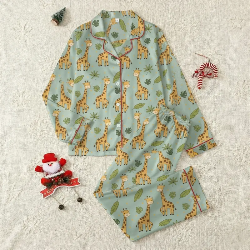 Giraffe Lovers' Mint Green Pajama Set: Cartoon Giraffe Tropical Leaf Lounge Wear Satin Pajamas Set - 1